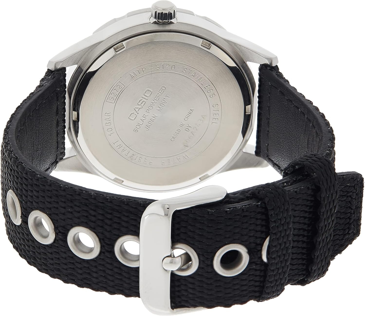 image:imageCasio MTPS120L Series Unisex Analog Watch 100M WR Stainless Steel Case 3 Hand Analog HR Min SEC Date Display Low Battery Alert Military Styling Solar PoweredBlack