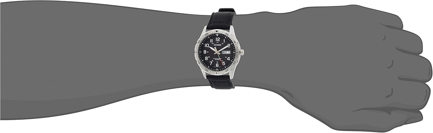 image:imageCasio MTPS120L Series Unisex Analog Watch 100M WR Stainless Steel Case 3 Hand Analog HR Min SEC Date Display Low Battery Alert Military Styling Solar PoweredBlack