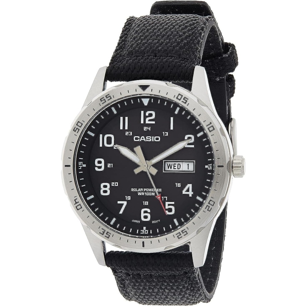 image:imageCasio MTPS120L Series Unisex Analog Watch 100M WR Stainless Steel Case 3 Hand Analog HR Min SEC Date Display Low Battery Alert Military Styling Solar PoweredBlack